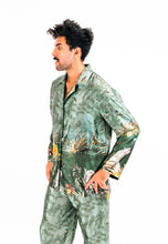 Load image into Gallery viewer, Men's green silk pyjama set in 'Reptile' Print, luxury loungewear unique set
