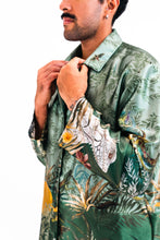 Load image into Gallery viewer, Men's green silk pyjama set in 'Reptile' Print, luxury loungewear unique set
