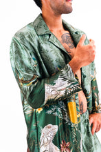 Load image into Gallery viewer, Men's green silk pyjama set in 'Reptile' Print, luxury loungewear unique set