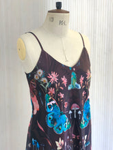 Load image into Gallery viewer, Butterfly 'Nectar' print silk slip dress with crystals and mushrooms