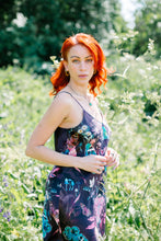 Load image into Gallery viewer, Butterfly 'Nectar' print silk slip dress with crystals and mushrooms