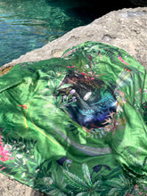 Load image into Gallery viewer, Large green silk scarf with mushroom and crystal, magical ‘Evissa’ print