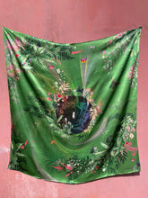 Load image into Gallery viewer, Large green silk scarf with mushroom and crystal, magical ‘Evissa’ print