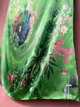 Load image into Gallery viewer, Large green silk scarf with mushroom and crystal, magical ‘Evissa’ print