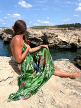 Load image into Gallery viewer, Large green silk scarf with mushroom and crystal, magical ‘Evissa’ print