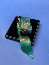 Load image into Gallery viewer, Teal Silk satin 'Morpho' Ultra Skinny silk scarf with butterflies and flowers