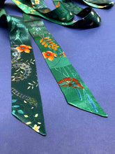 Load image into Gallery viewer, Teal Silk satin 'Morpho' Ultra Skinny silk scarf with butterflies and flowers