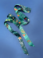 Load image into Gallery viewer, Teal Silk satin 'Morpho' Ultra Skinny silk scarf with butterflies and flowers
