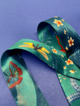 Load image into Gallery viewer, Teal Silk satin 'Morpho' Ultra Skinny silk scarf with butterflies and flowers