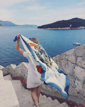 Load image into Gallery viewer, Blue &#39;Crustacean Silk&#39; Silk Scarf, large square Silk Scarf with crab and tulip design from the Evolution Collection
