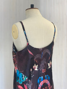 Butterfly 'Nectar' print silk slip dress with crystals and mushrooms