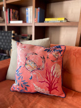 Load image into Gallery viewer, Coral watercolour art Cushion &#39;Pure shores&#39; double sided design with starfish illustration, made from Vegan friendly Suede