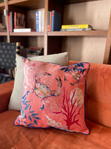 Coral watercolour art Cushion 'Pure shores' double sided design with starfish illustration, made from Vegan friendly Suede