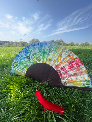 Colourful Silk folding hand fan 'kaleido-bloom' print with floral & nature filled rainbow design