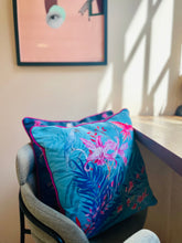 Load image into Gallery viewer, Terquoise tropical watercolour art Cushion &#39;Jungala&#39; double sided design, made from Vegan friendly Suede