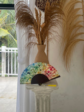 Load image into Gallery viewer, Colourful Silk folding hand fan 'kaleido-bloom' print with floral &amp; nature filled rainbow design