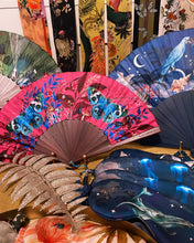 Load image into Gallery viewer, Hot pink 'Fuchsia' silk folding hand fan with butterfly and mushroom painted artwork