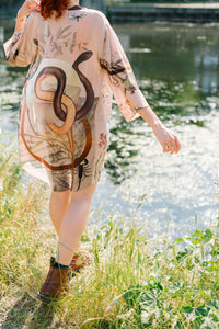 Silk 'Mirage' Kimono Jacket, handmade and unique illustrations size S/M- luxury lounging or evening wear by Alice Acreman Silks