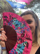 Load image into Gallery viewer, Hot pink 'Fuchsia' silk folding hand fan with butterfly and mushroom painted artwork