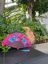 Load image into Gallery viewer, Hot pink 'Fuchsia' silk folding hand fan with butterfly and mushroom painted artwork