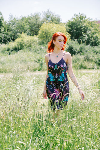 Butterfly 'Nectar' print silk slip dress with crystals and mushrooms