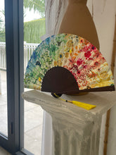 Load image into Gallery viewer, Colourful Silk folding hand fan 'kaleido-bloom' print with floral &amp; nature filled rainbow design