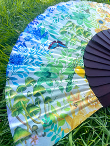 Colourful Silk folding hand fan 'kaleido-bloom' print with floral & nature filled rainbow design