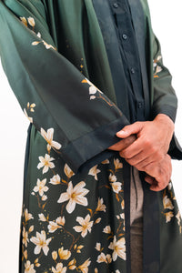 Green silk robe with belt in 'Forest' hand-painted design