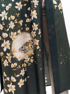Green silk robe with belt in 'Forest' hand-painted design