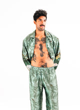Load image into Gallery viewer, Men&#39;s green silk pyjama set in &#39;Reptile&#39; Print, luxury loungewear unique set