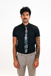Navy Blue Silk Tie, 'Enticement' Pink Serpent design and tropical flowers, perfect groomsmen tie