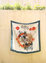 Load image into Gallery viewer, Blue 'Crustacean Silk' Silk Scarf, large square Silk Scarf with crab and tulip design from the Evolution Collection