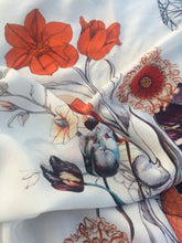 Load image into Gallery viewer, Blue 'Crustacean Silk' Silk Scarf, large square Silk Scarf with crab and tulip design from the Evolution Collection