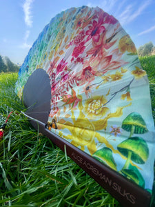 Colourful Silk folding hand fan 'kaleido-bloom' print with floral & nature filled rainbow design