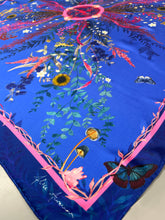 Load image into Gallery viewer, Royal blue ‘Flourish’ floral silk scarf with sunflowers and wildflowers