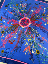 Load image into Gallery viewer, Royal blue ‘Flourish’ floral silk scarf with sunflowers and wildflowers
