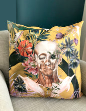 Load image into Gallery viewer, Large Yellow Cushion with striking Watercolour skull design &#39;Boto Cushion&#39; in Vegan friendly Suede