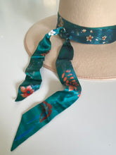 Load image into Gallery viewer, Teal Silk satin 'Morpho' Ultra Skinny silk scarf with butterflies and flowers