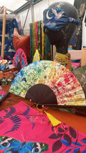 Load image into Gallery viewer, Colourful Silk folding hand fan 'kaleido-bloom' print with floral &amp; nature filled rainbow design