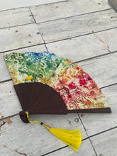Load image into Gallery viewer, Colourful Silk folding hand fan 'kaleido-bloom' print with floral &amp; nature filled rainbow design