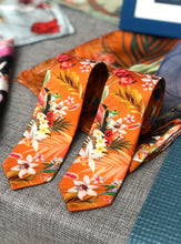 Load image into Gallery viewer, Rust orange coloured Silk Tie, &#39;Eden&#39; tropical meadow print