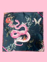 Load image into Gallery viewer, Dark blue Luxury Silk Pocket Square 'Enticement' print with pink snake