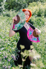 Load image into Gallery viewer, Hot pink 'Fuchsia' silk folding hand fan with butterfly and mushroom painted artwork