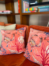 Load image into Gallery viewer, Coral watercolour art Cushion &#39;Pure shores&#39; double sided design with starfish illustration, made from Vegan friendly Suede