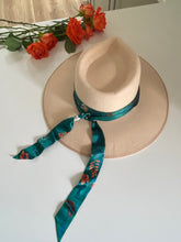 Load image into Gallery viewer, Teal Silk satin 'Morpho' Ultra Skinny silk scarf with butterflies and flowers