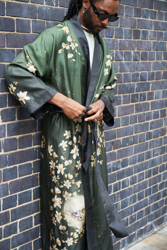 Green silk robe with belt in 'Forest' hand-painted design