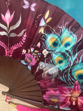 Load image into Gallery viewer, Silk folding hand fan 'serindipity' print with floral &amp; nature filled