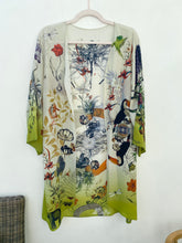 Load image into Gallery viewer, Cream 'Evolution' Silk Kimono Jacket with unique botanical illustrations- luxury lounging or evening wear