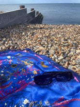 Load image into Gallery viewer, Royal blue ‘Flourish’ floral silk scarf with sunflowers and wildflowers
