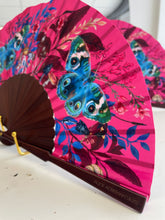 Load image into Gallery viewer, Hot pink 'Fuchsia' silk folding hand fan with butterfly and mushroom painted artwork